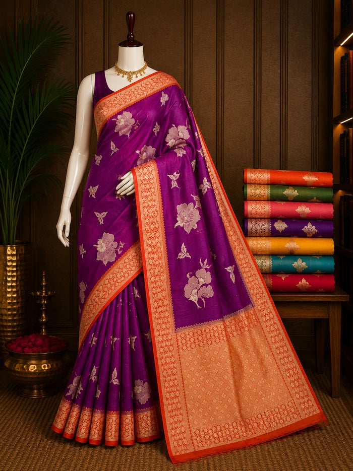 Party Wear Saree Set – Magenta Orange Floral