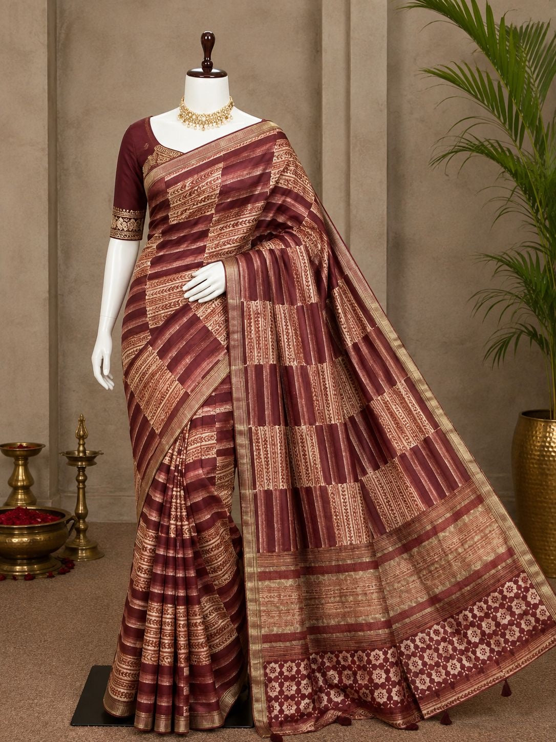 Maroon and beige party wear saree with alternating woven stripe and block patterns