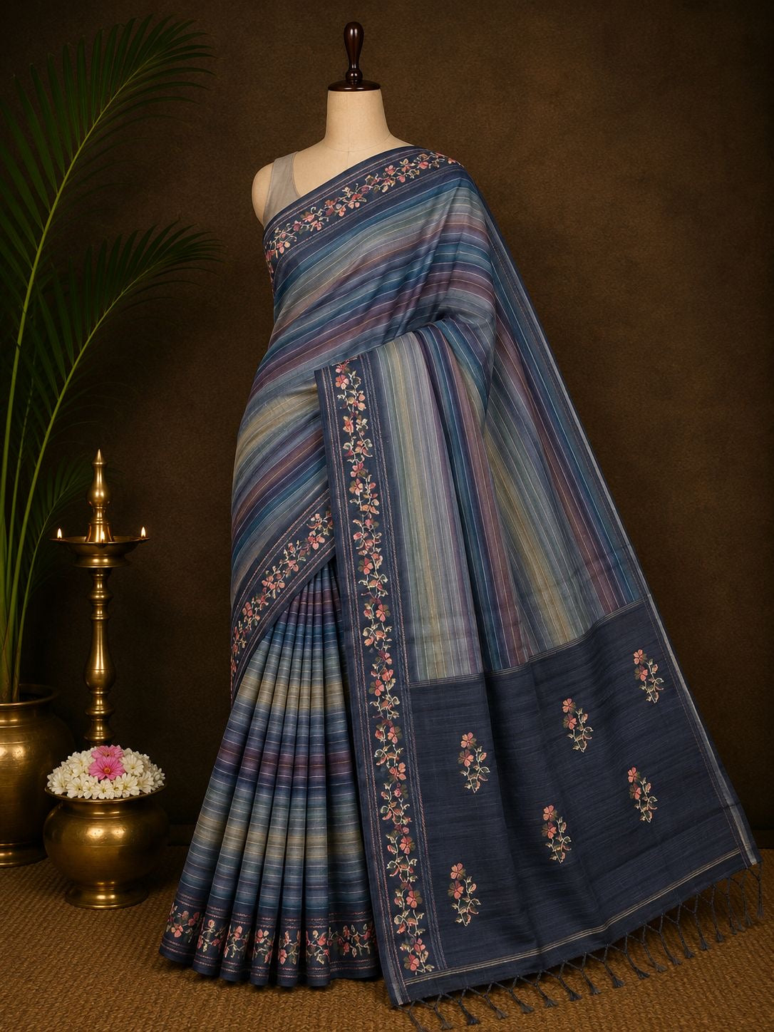 Midnight blue multicolour striped party wear saree with floral border