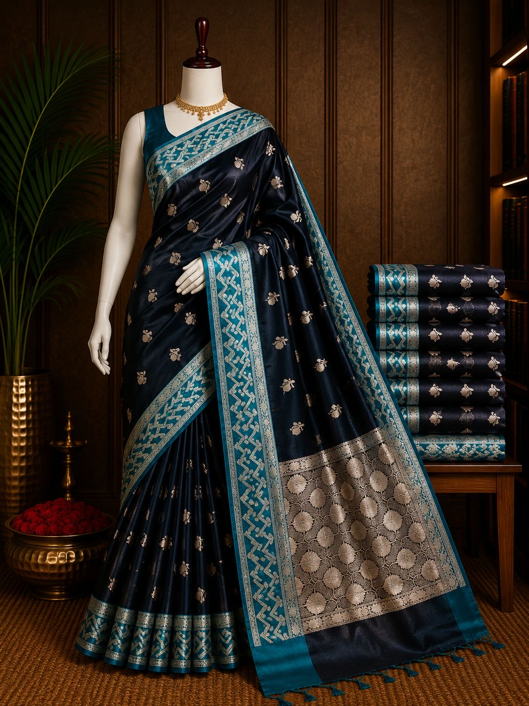 Midnight black party wear saree with teal border and silver floral pallu