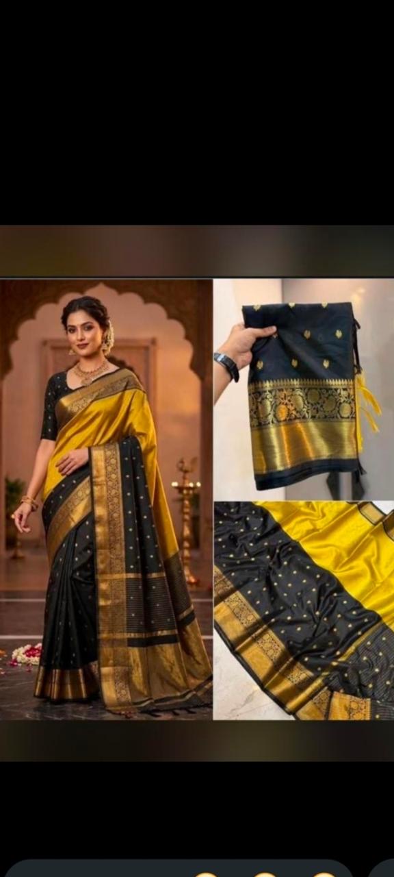 Mustard and black party wear saree with gold woven border and buti motifs