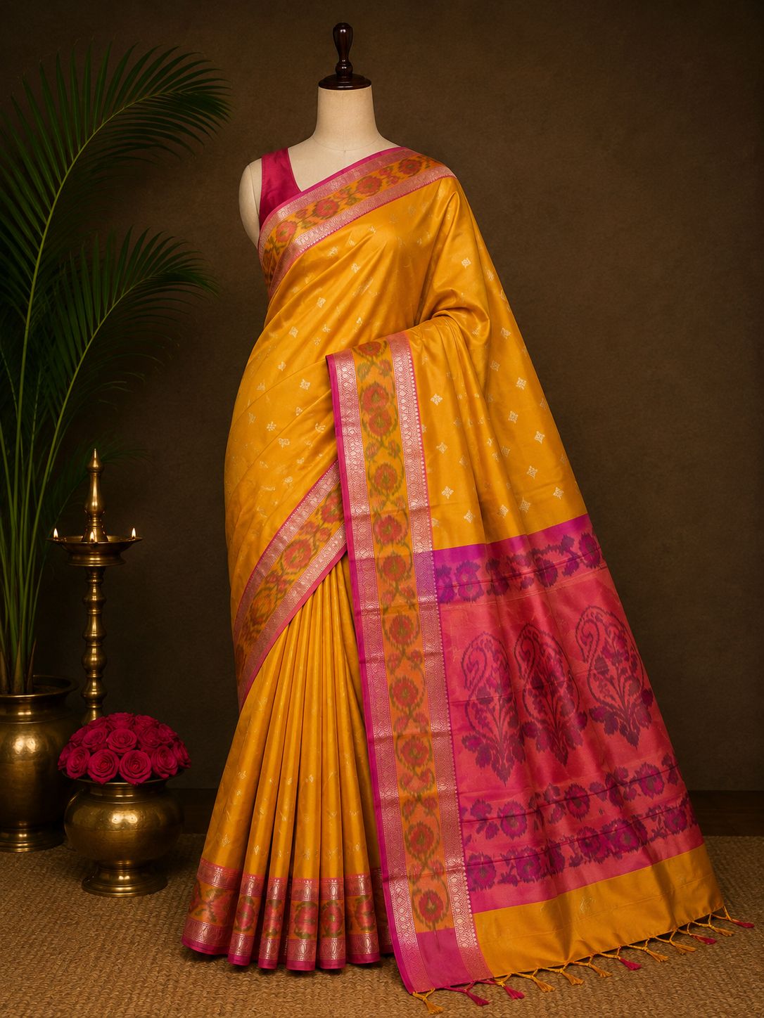 Mustard gold party wear saree with pink paisley pallu and woven border