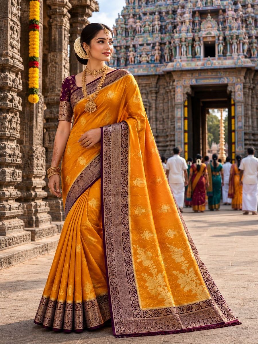 Mustard gold party wear saree with purple woven border