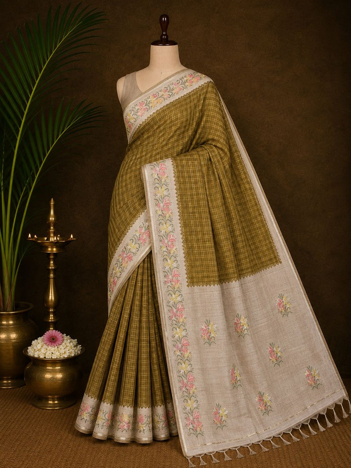Party Wear Saree Set – Olive Checked Floral Studio Look