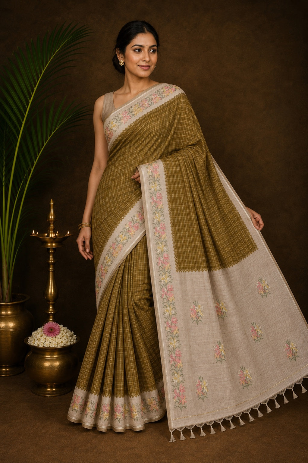 Olive checked party wear saree with floral beige border