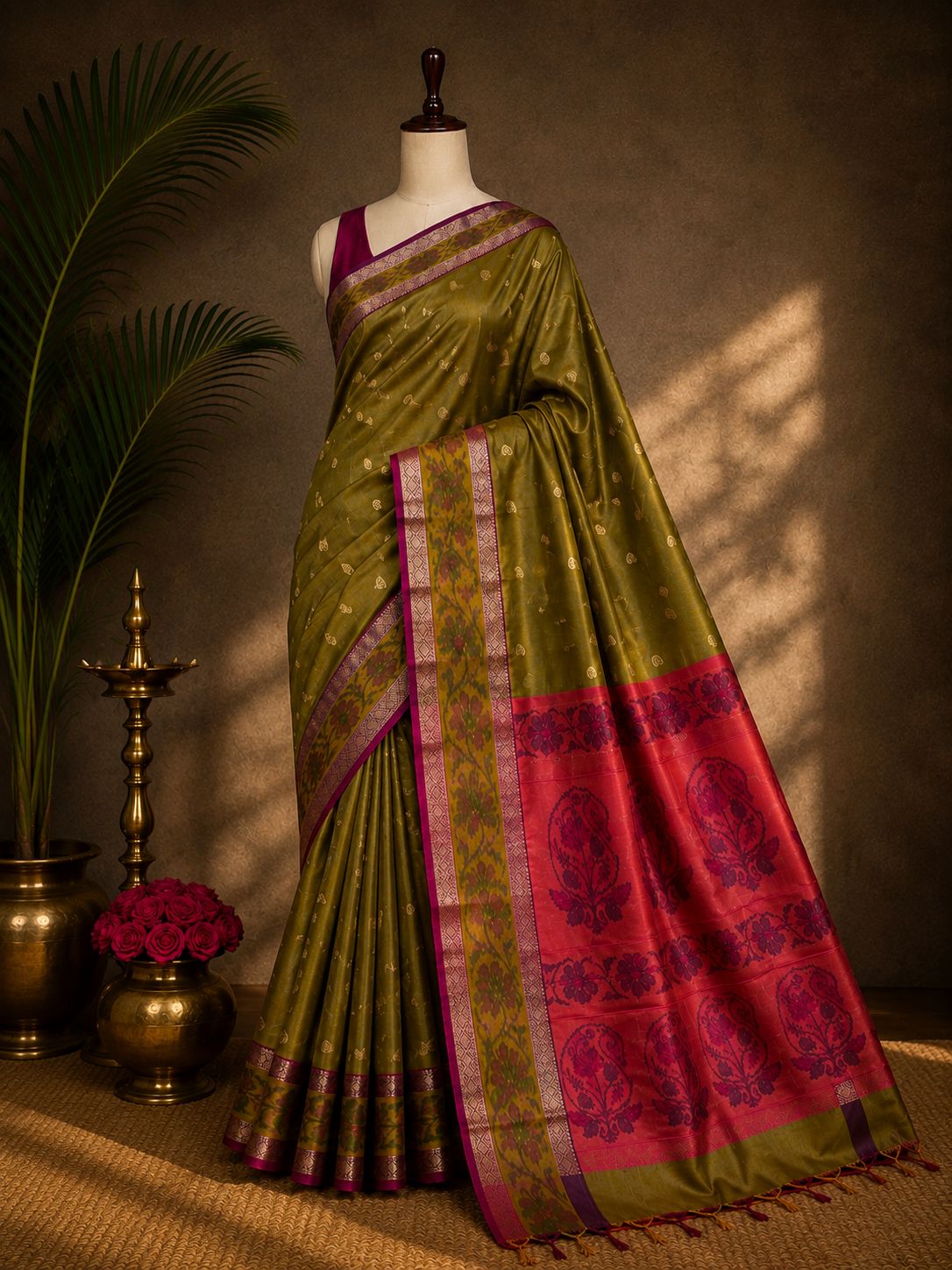 Olive green party wear saree with pink woven pallu and contrast border