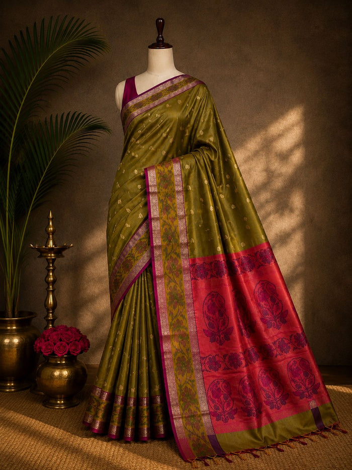 Party Wear Saree Set – Olive Green Pink Pallu