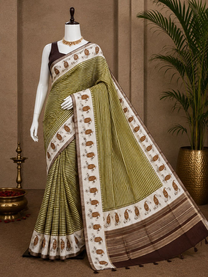 Party Wear Saree Set – Olive Ivory Striped Paisley