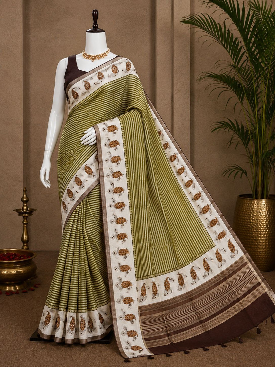Olive striped party wear saree with ivory paisley border and brown woven pallu