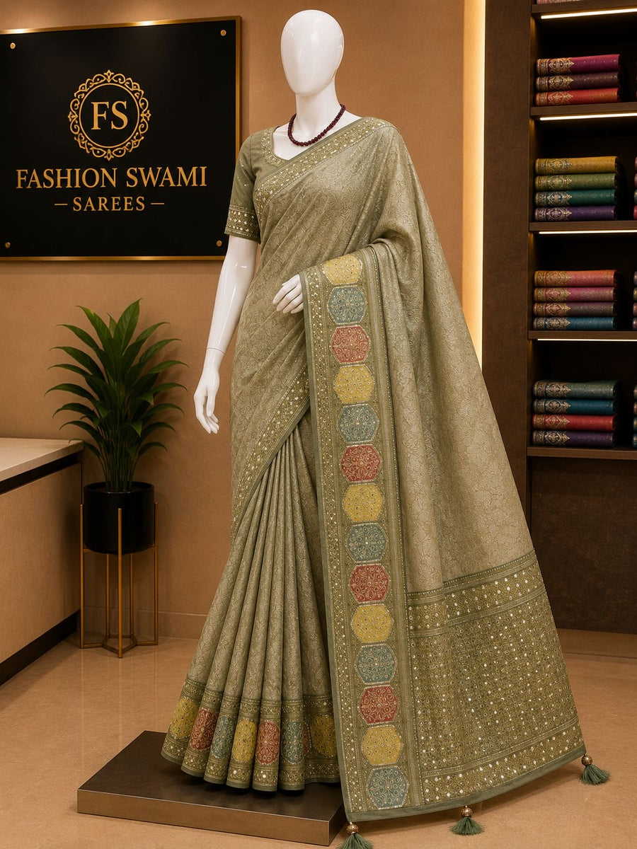 Olive party wear saree with multicolour medallion border and decorative pallu