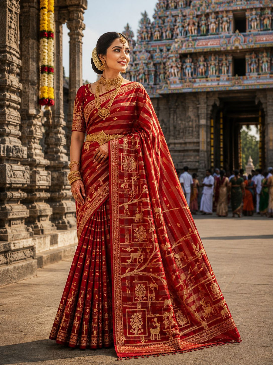 Red party wear saree with gold striped and heritage motif design