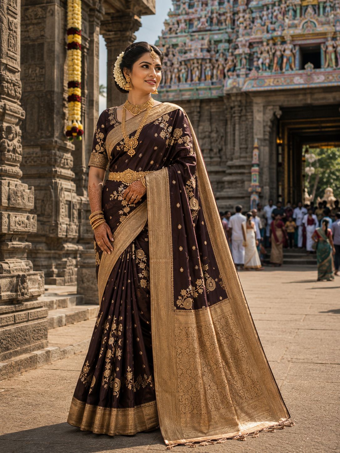 Coffee brown party wear saree with gold motifs and broad gold border
