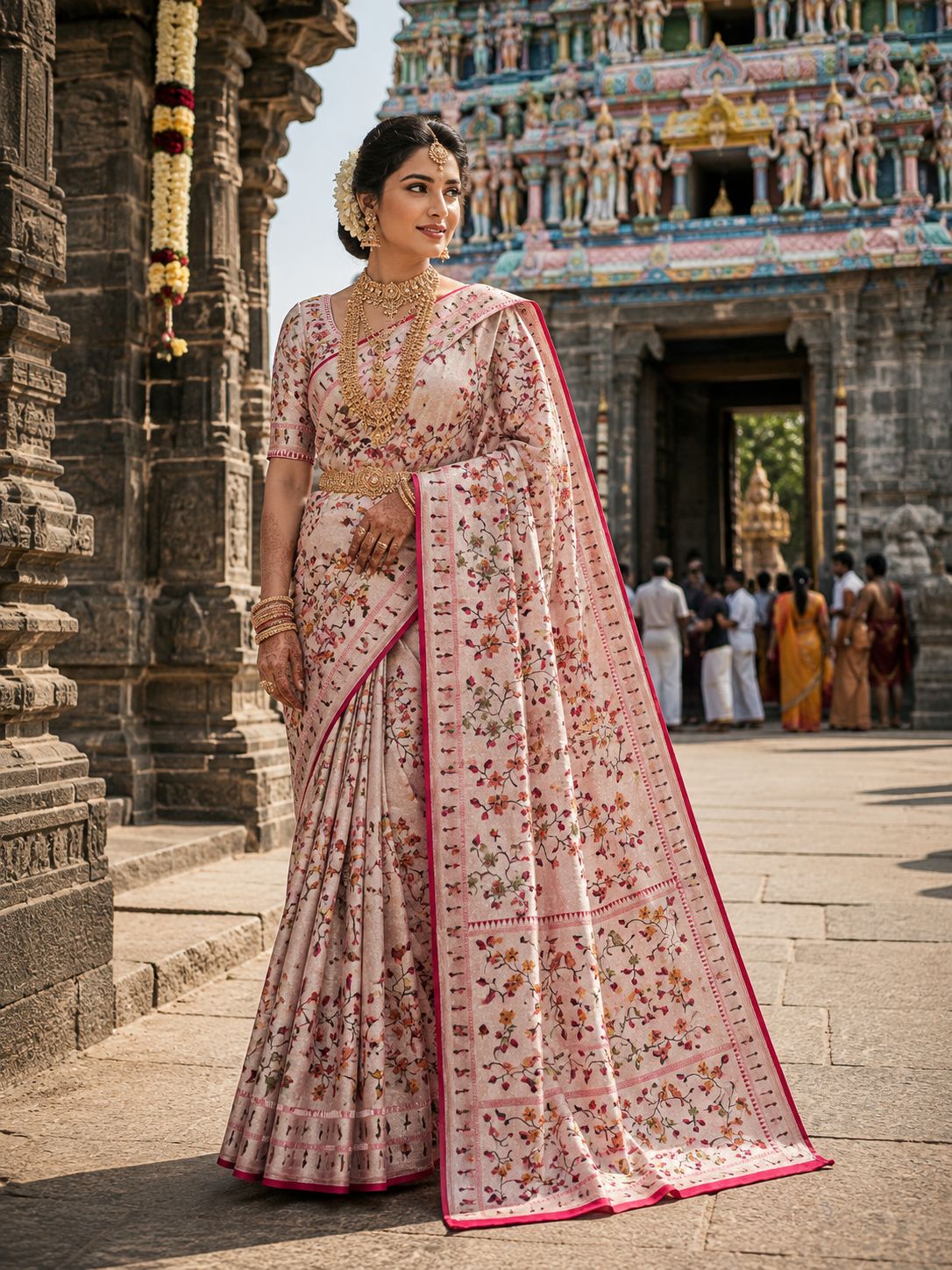 Floral blush pink party wear saree with pink border