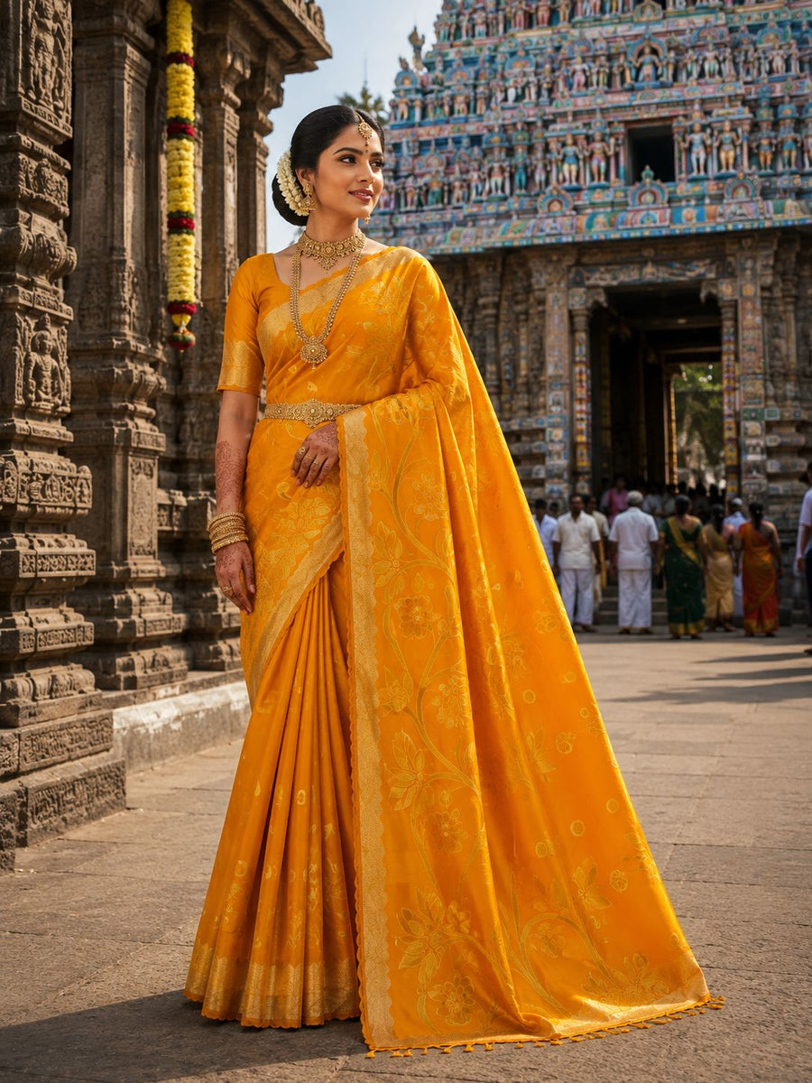 Mustard yellow party wear saree with woven floral detailing