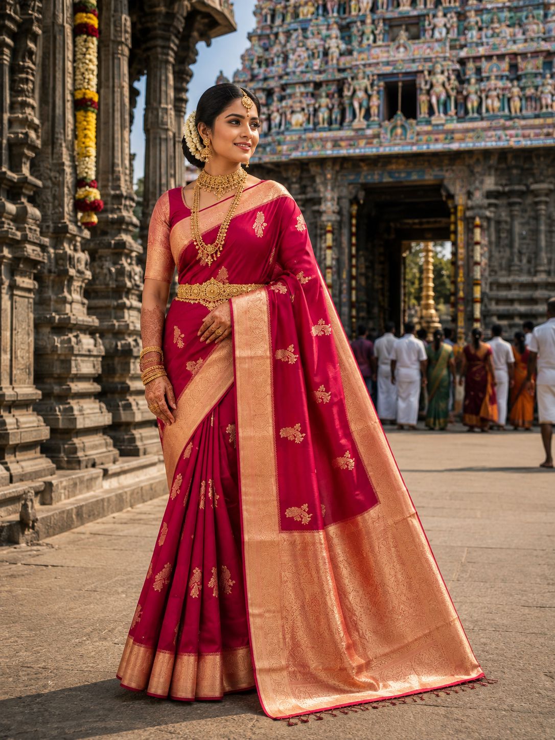 Rani pink party wear saree with gold motifs and broad gold border