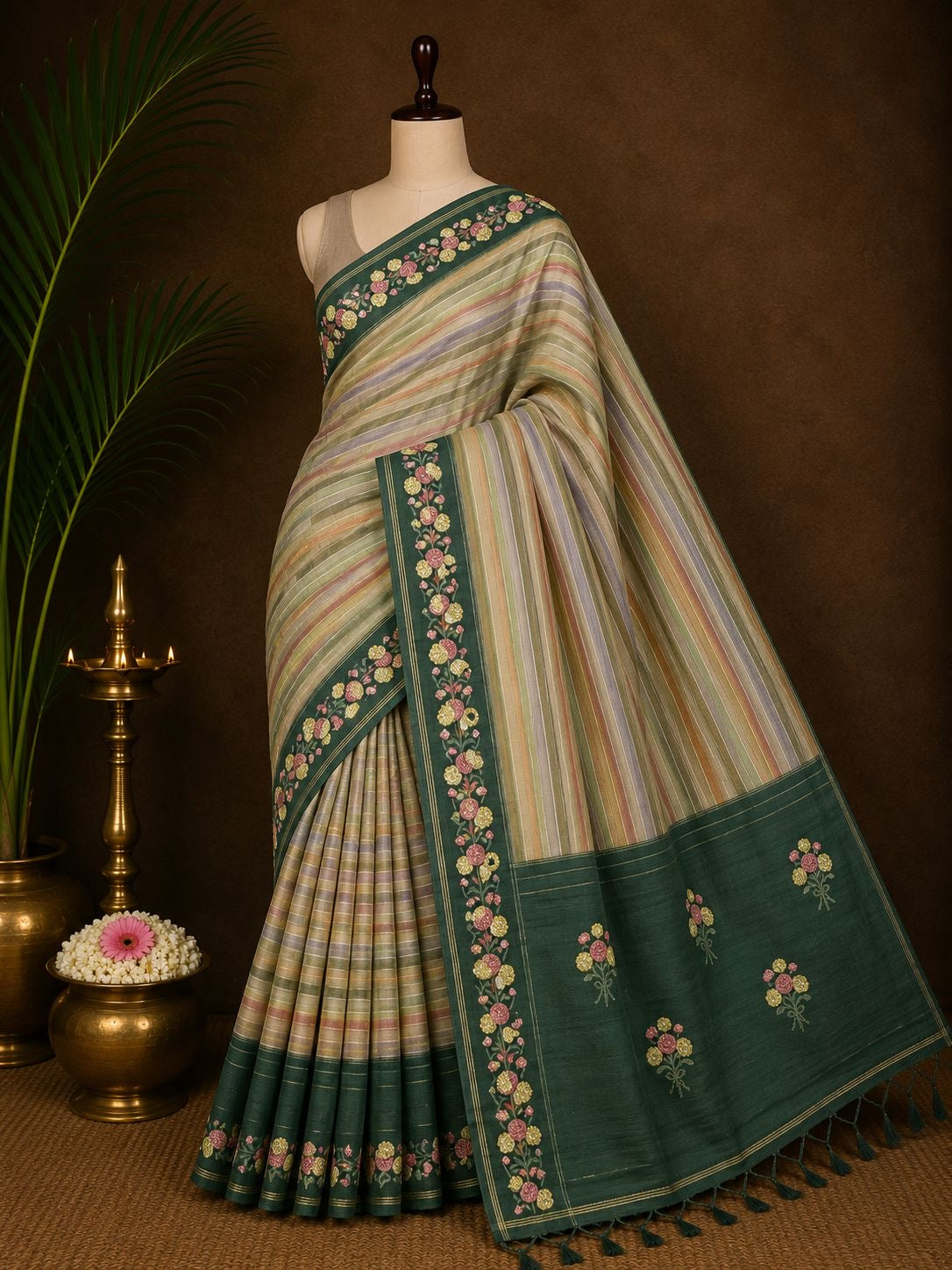 Pastel multicolour striped party wear saree with emerald floral border