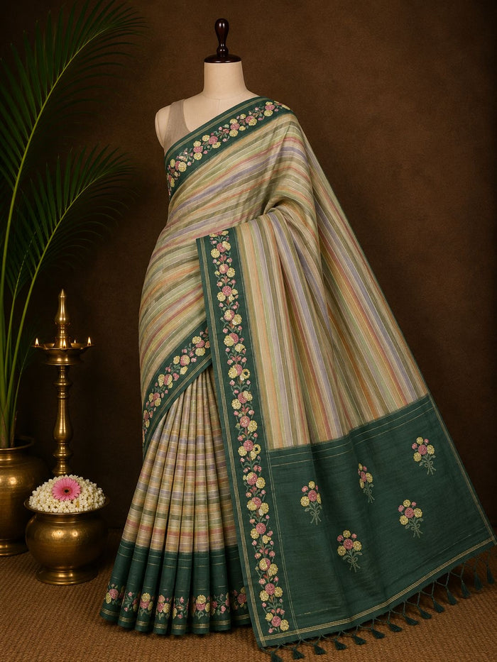 Party Wear Saree Set – Pastel Stripe Emerald Floral