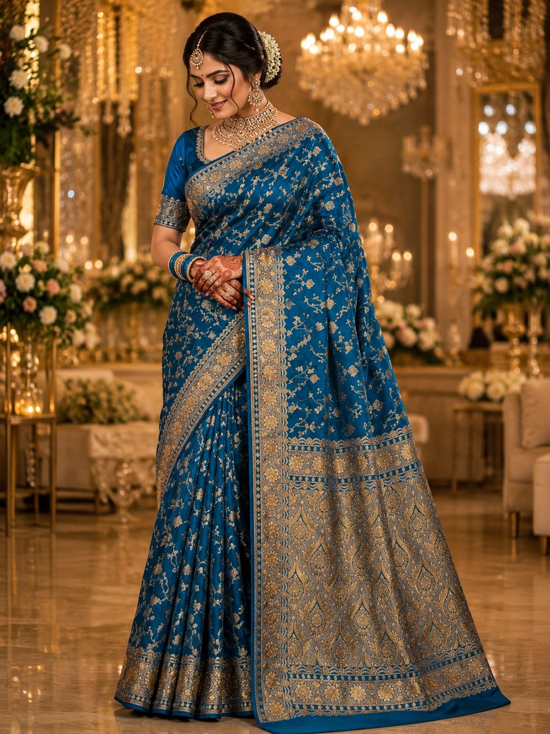 Peacock blue party wear saree with gold floral vines and teardrop woven pallu