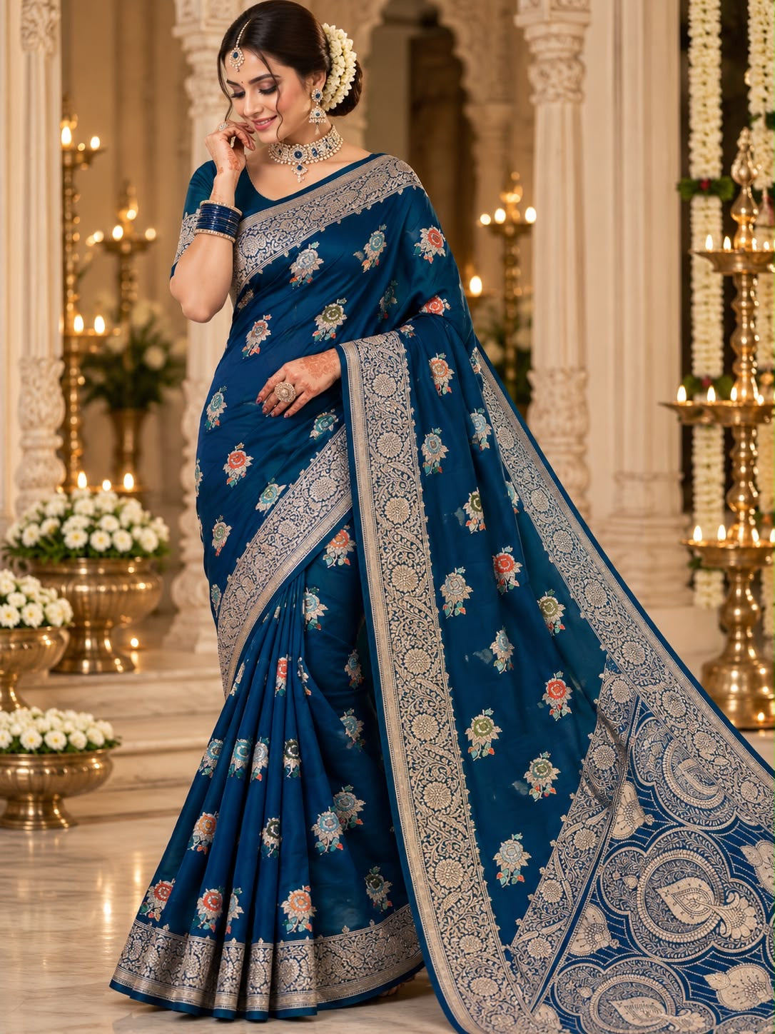 Peacock blue meenakari floral party wear saree by Shree Ghanshyam Sarees
