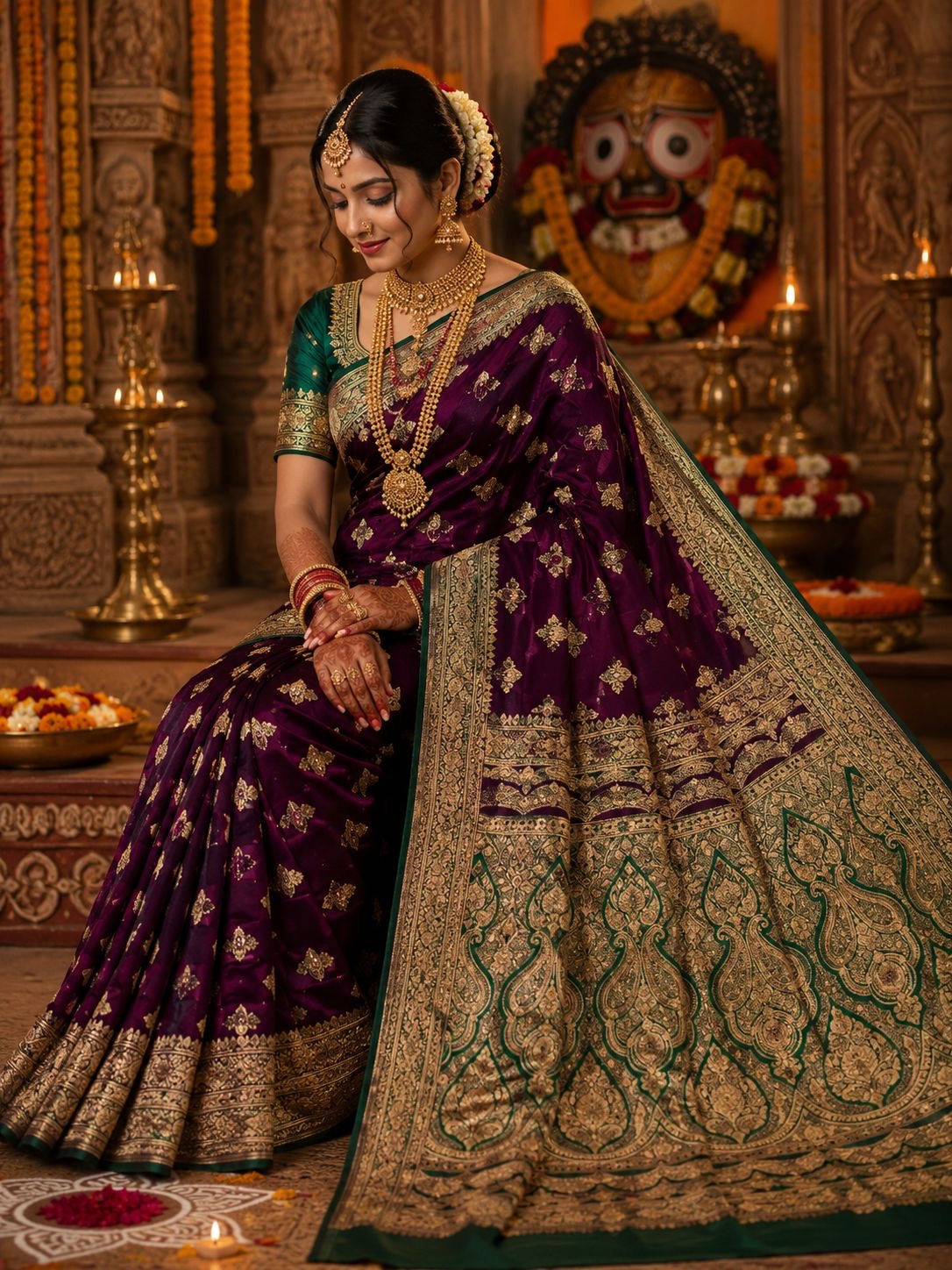 Plum party wear saree with gold motifs, emerald border and grand paisley pallu