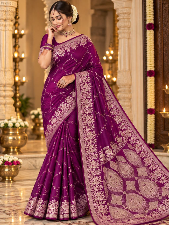 Plum Purple Lattice Zari Banarasi Party Wear Saree