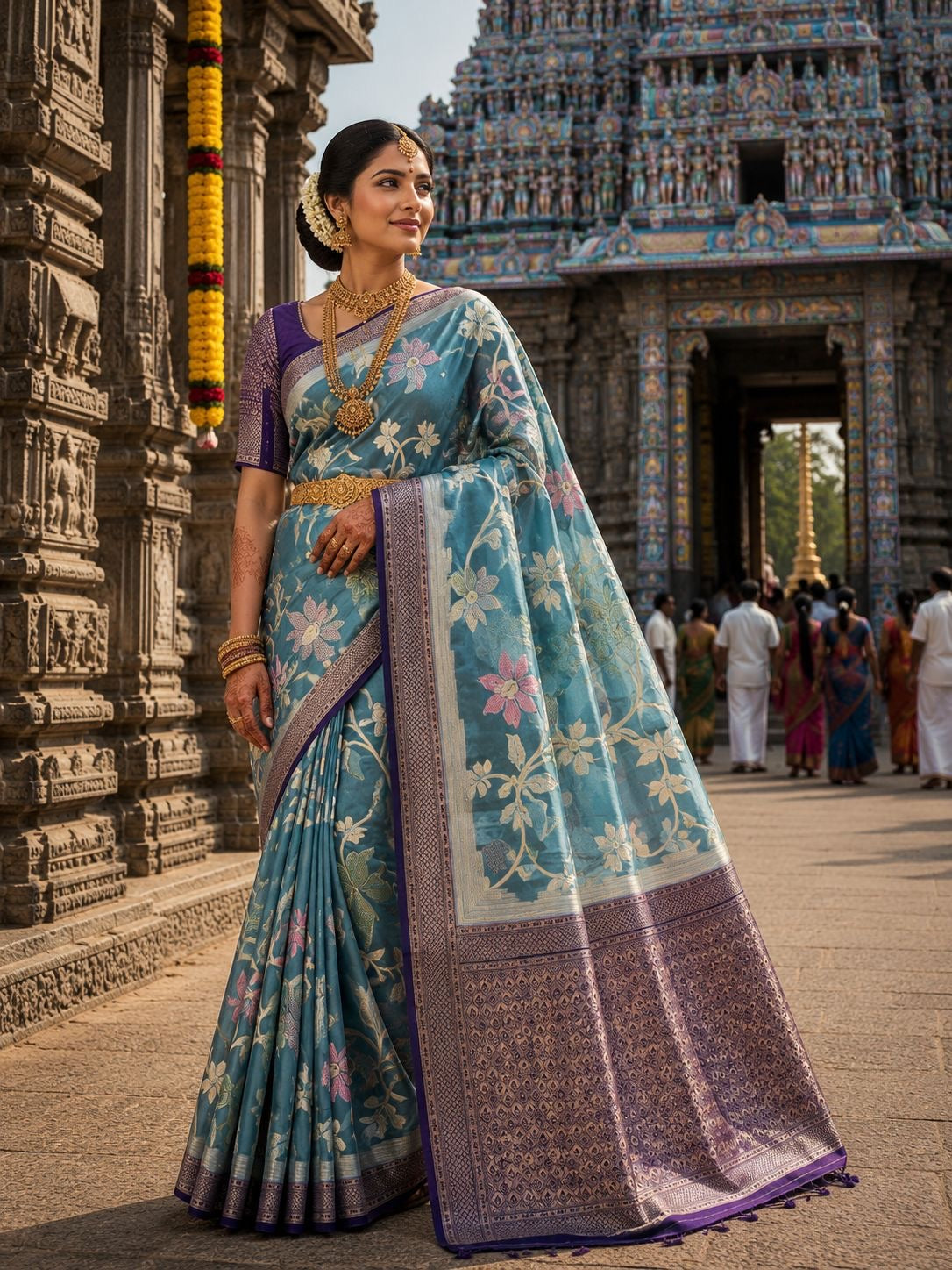 Powder blue floral party wear saree with purple woven border