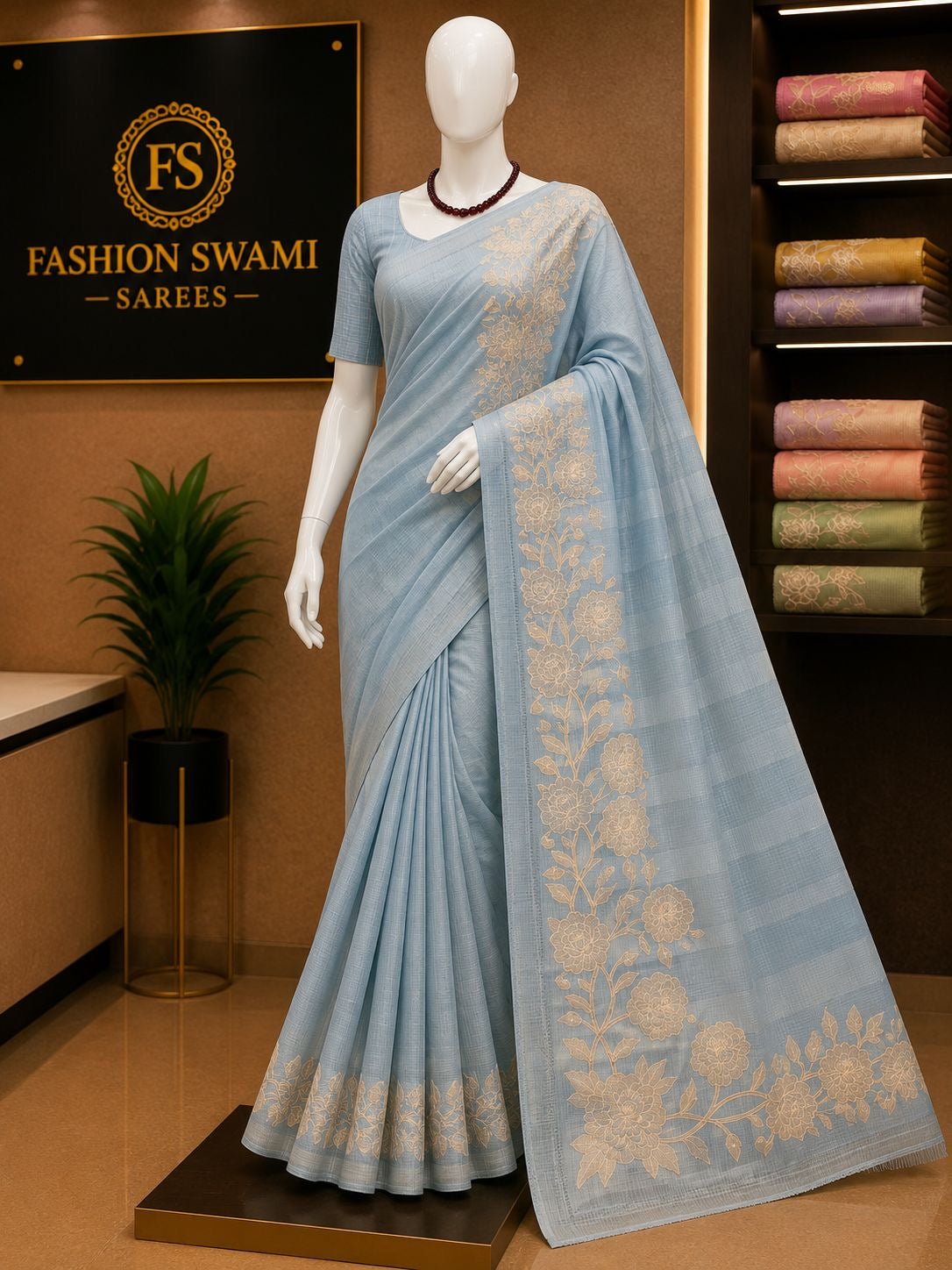 Powder blue party wear saree with elegant ivory floral border and pallu