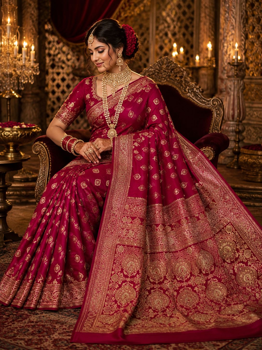 Rani pink party wear saree with gold medallion motifs and ornate woven pallu