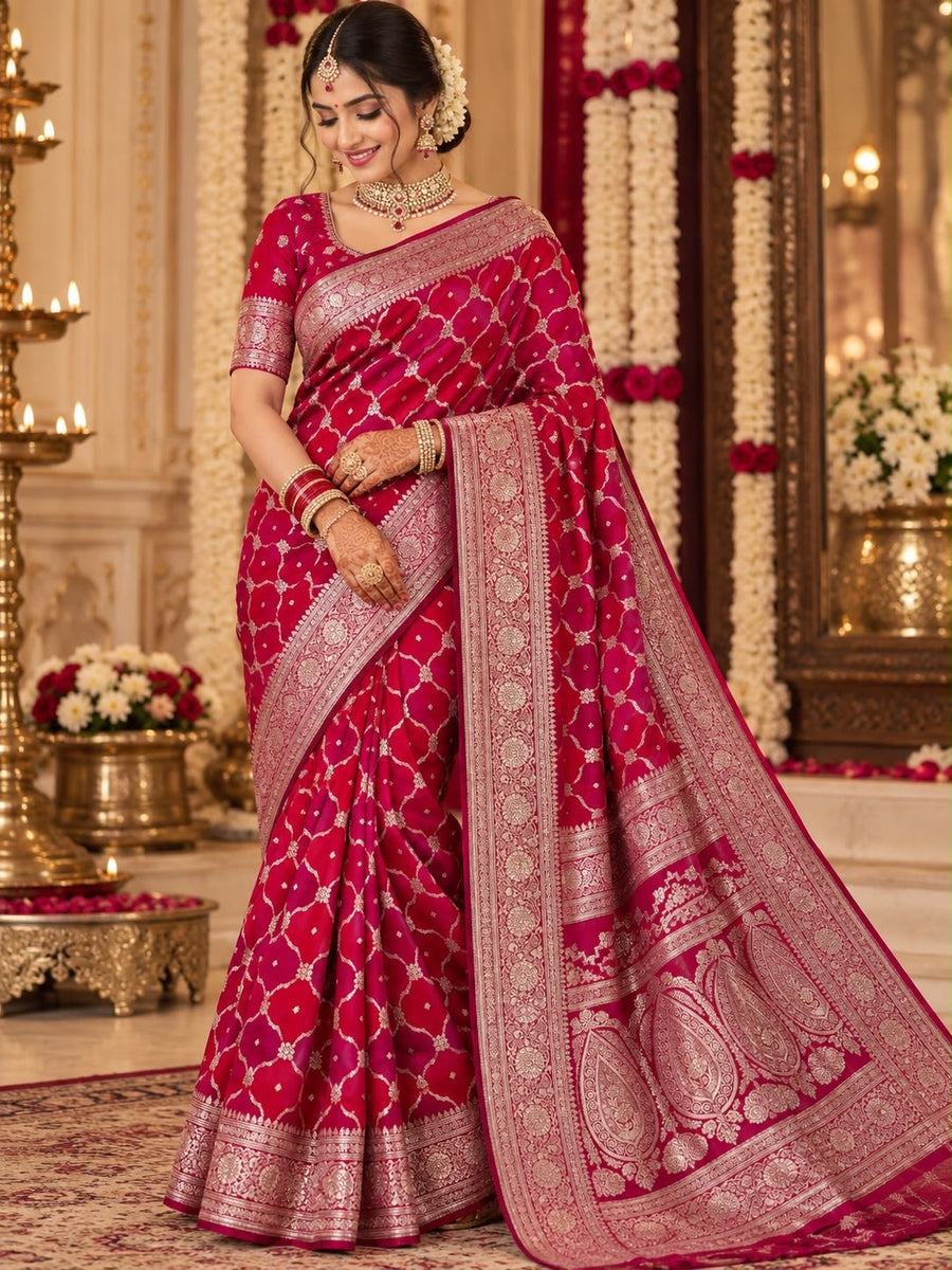 Rani pink jaal zari party wear saree by Shree Ghanshyam Sarees