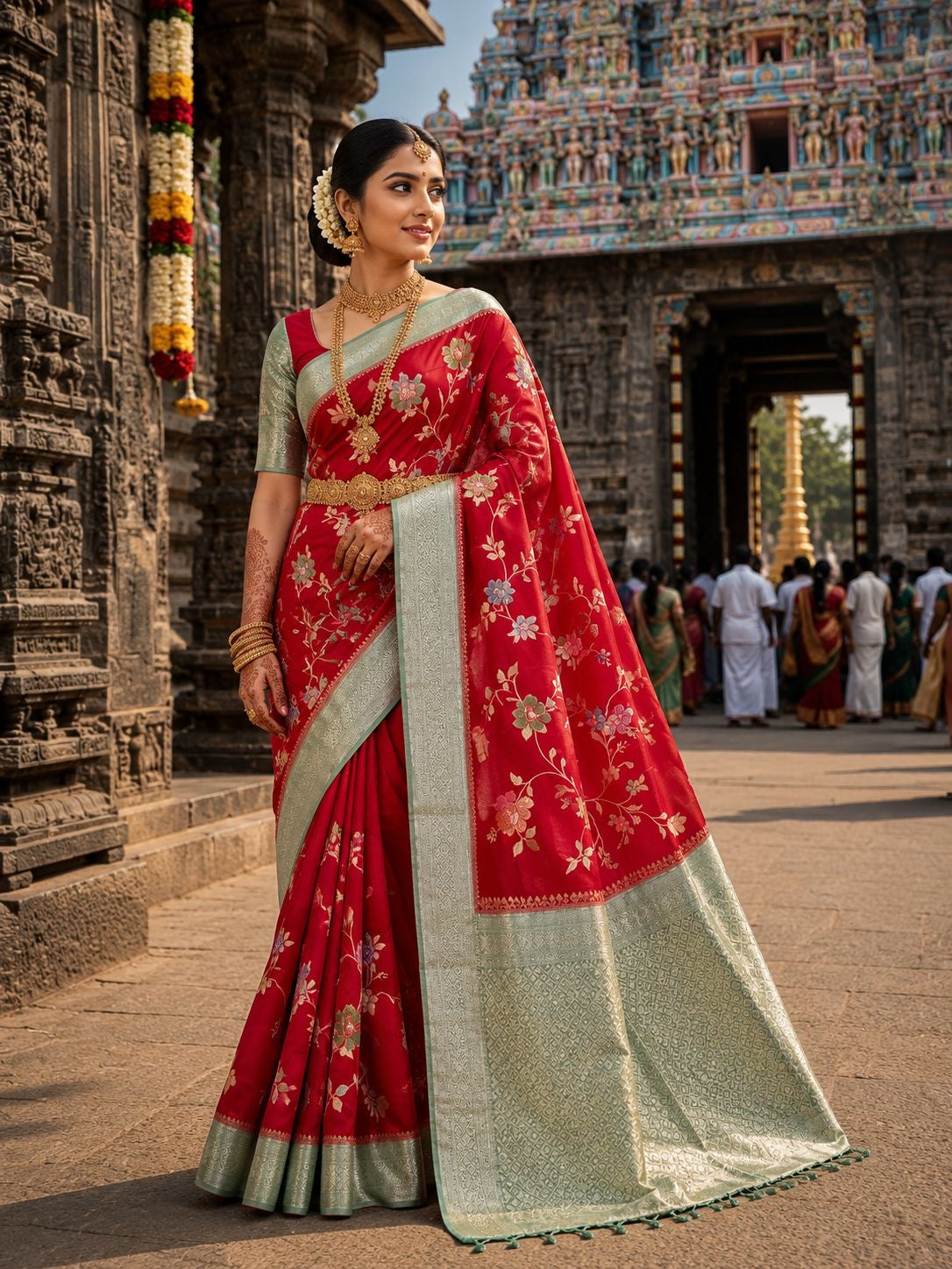 Red floral party wear saree with mint green woven border