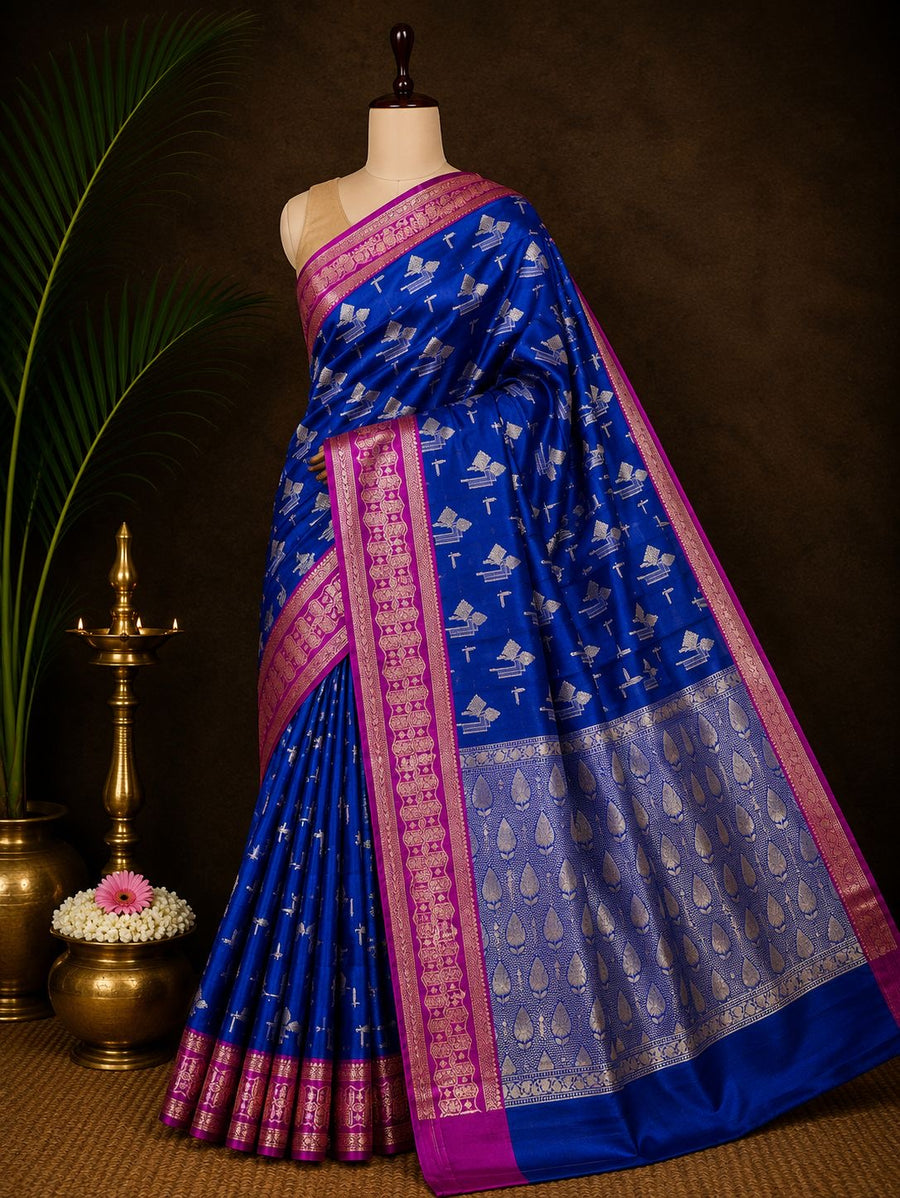 Royal blue Banarasi saree with magenta border and geometric zari motifs