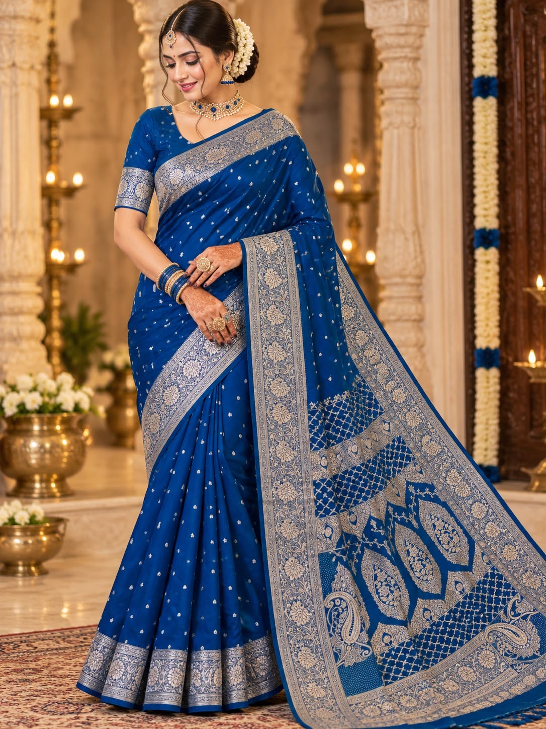 Royal blue paisley pallu zari party wear saree by Shree Ghanshyam Sarees