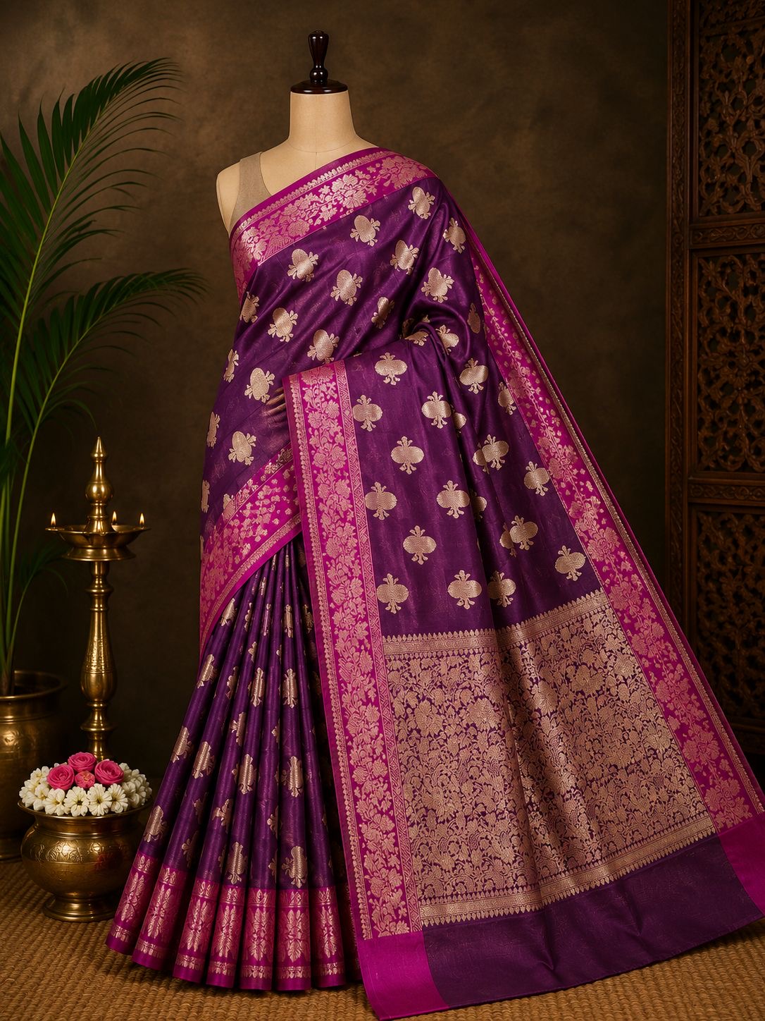 Royal plum Banarasi saree with magenta border and floral zari motifs