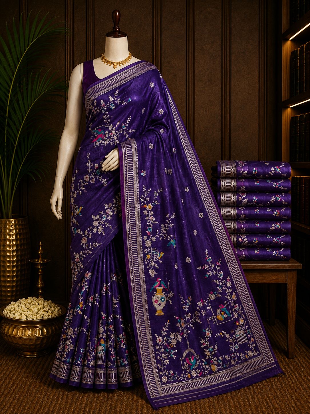 Royal purple party wear saree with bird, cage and floral garden motifs
