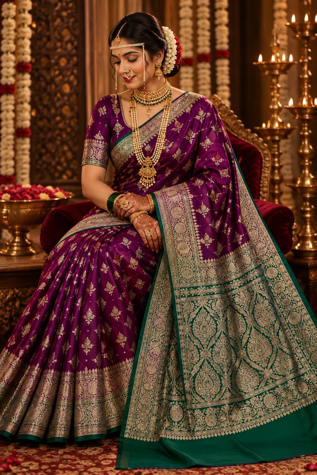 Royal purple party wear saree with gold motifs and emerald floral lattice pallu