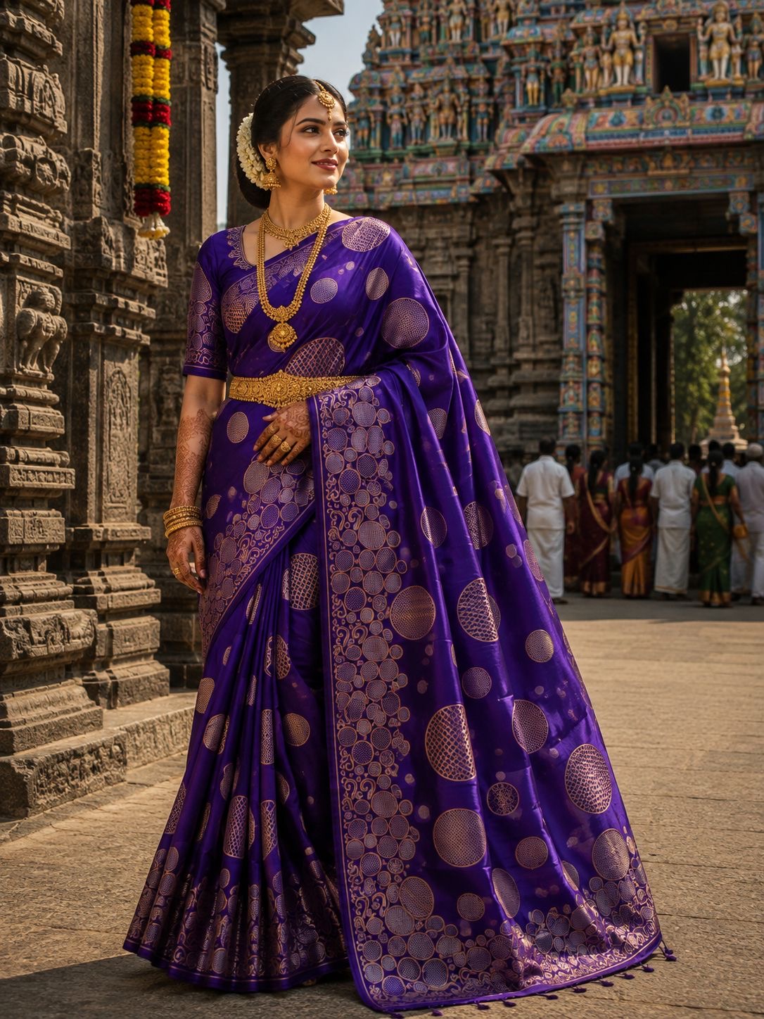 Royal purple party wear saree with woven circular motifs and border