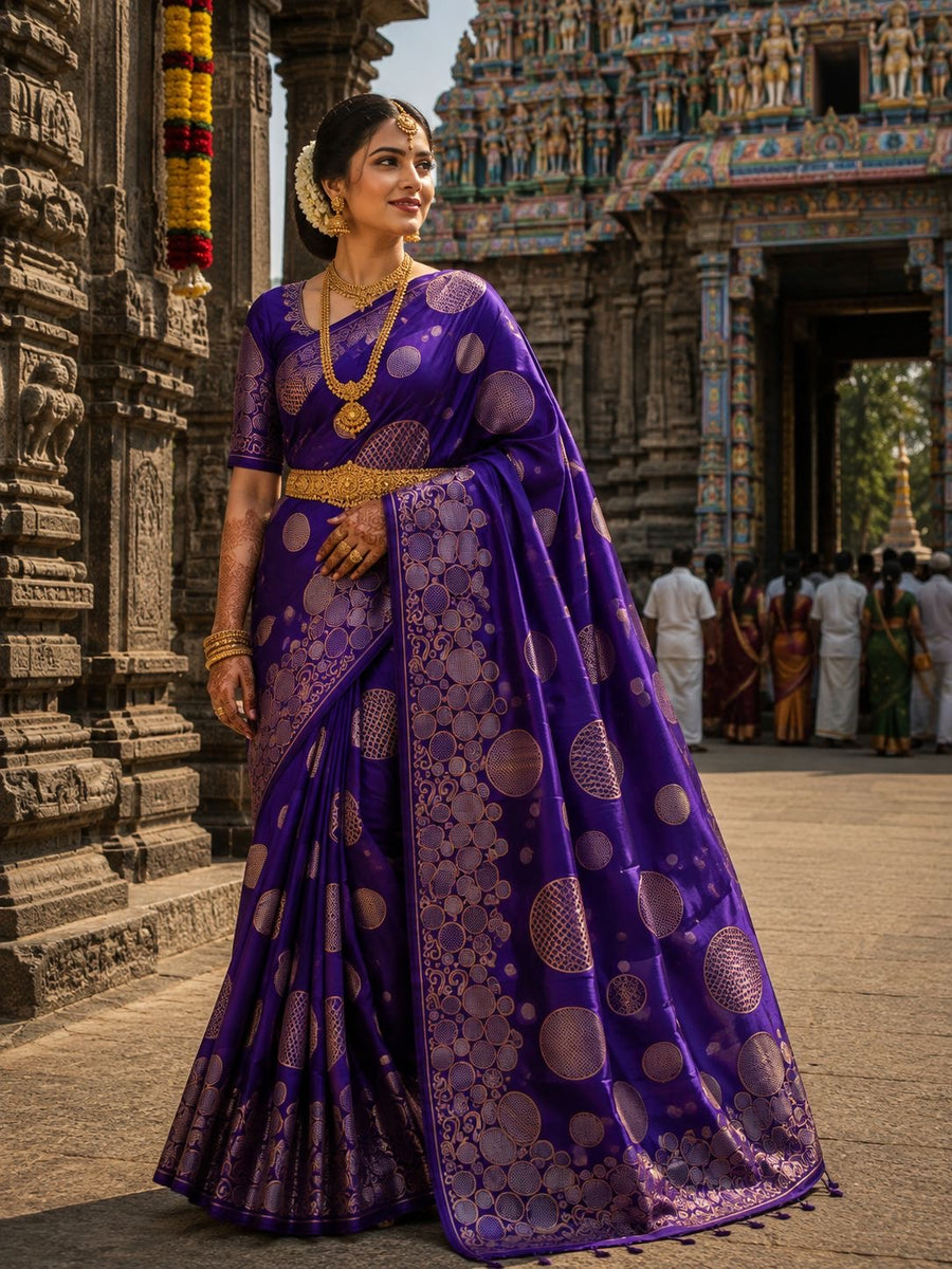 Royal purple party wear saree with woven circular motifs and border