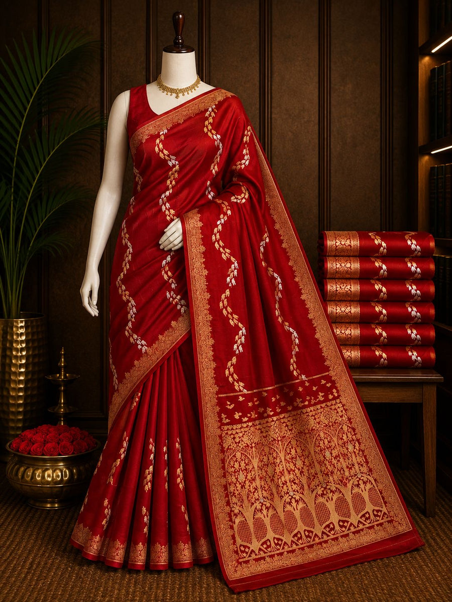Royal red party wear saree with gold and ivory leaf vine motifs