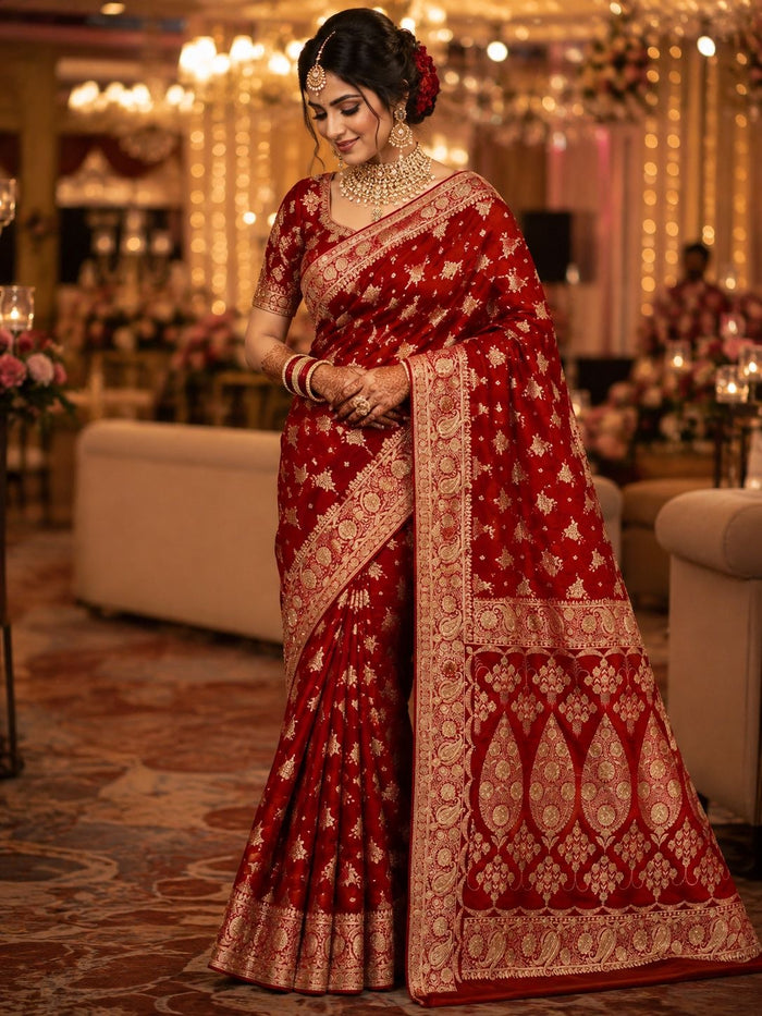 Party Wear Saree Set – Ruby Red Gold Paisley