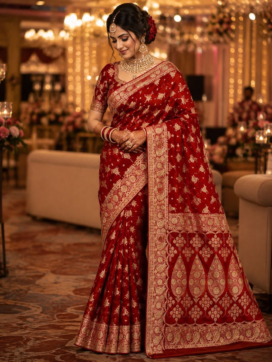 Ruby red party wear saree with gold motifs and ornate paisley pallu