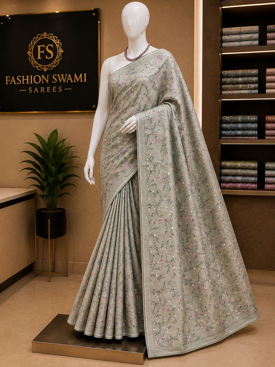 Sage grey party wear saree with pastel paisley and floral vine design