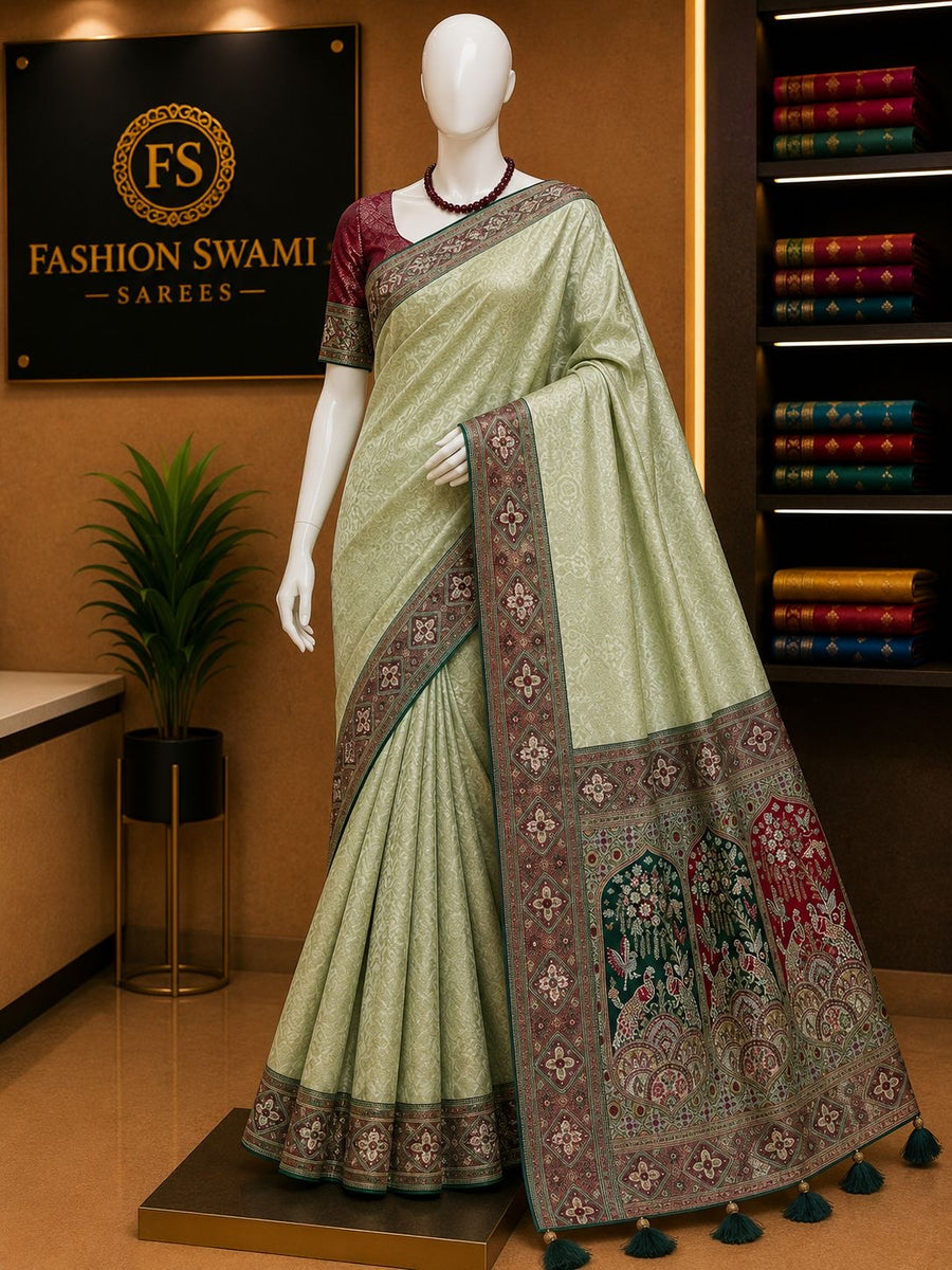Sage green party wear saree with maroon heritage border and panel pallu