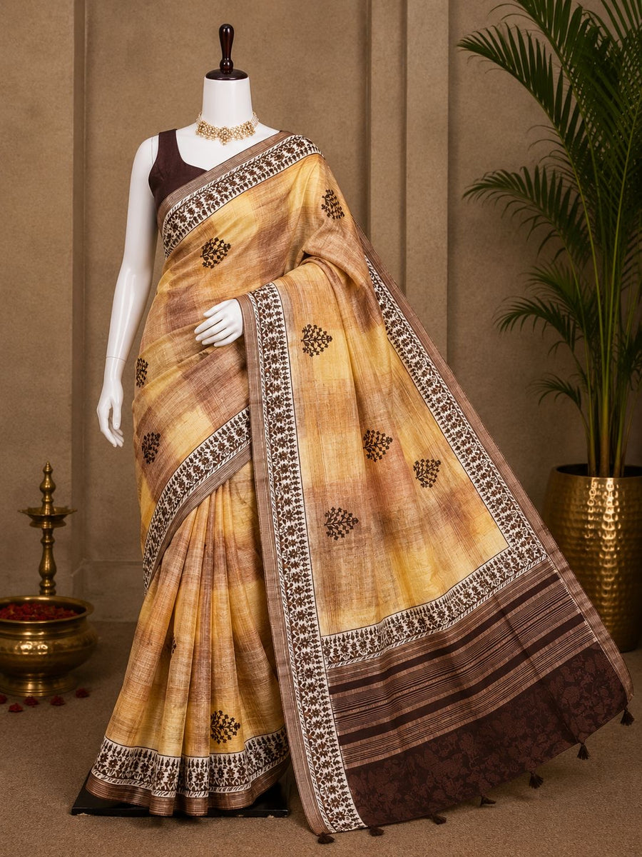 Sandal gold party wear saree with brown floral motifs and striped woven pallu