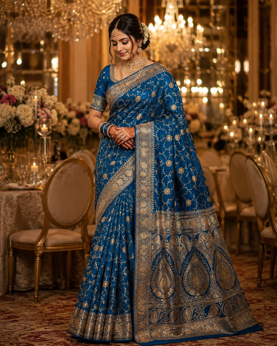 Sapphire blue party wear saree with gold vine motifs and grand paisley pallu