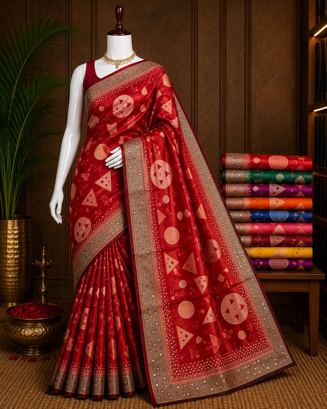 Scarlet red party wear saree with contemporary gold geometric motifs and dotted border