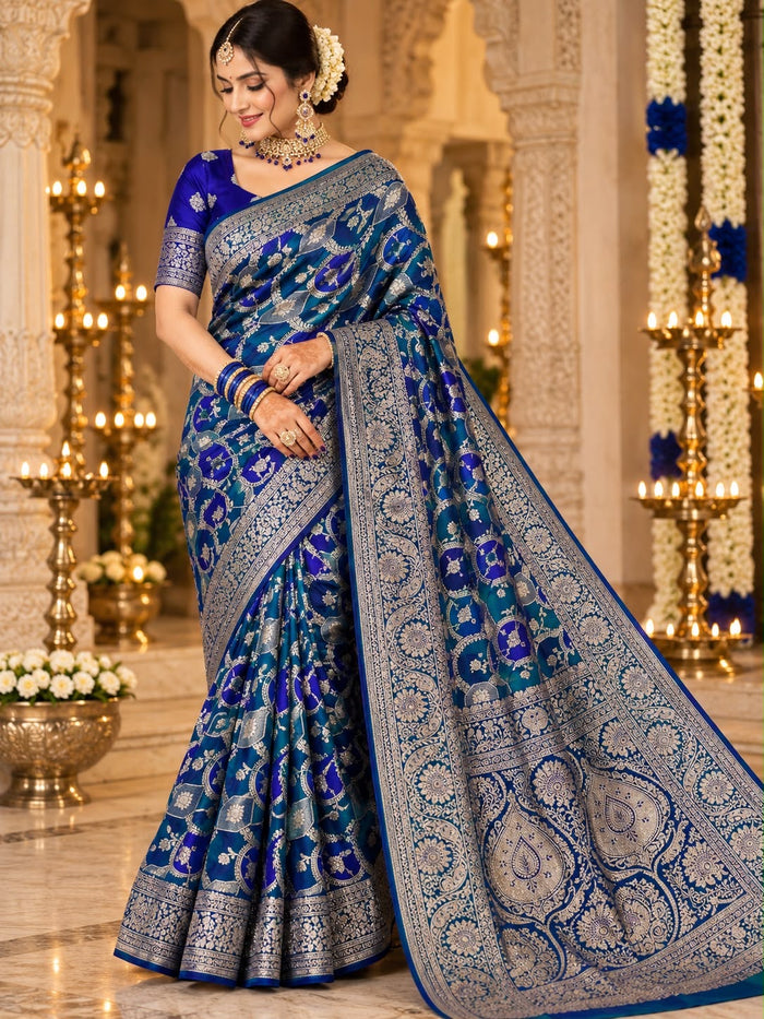 Teal Blue Floral Zari Banarasi Party Wear Saree