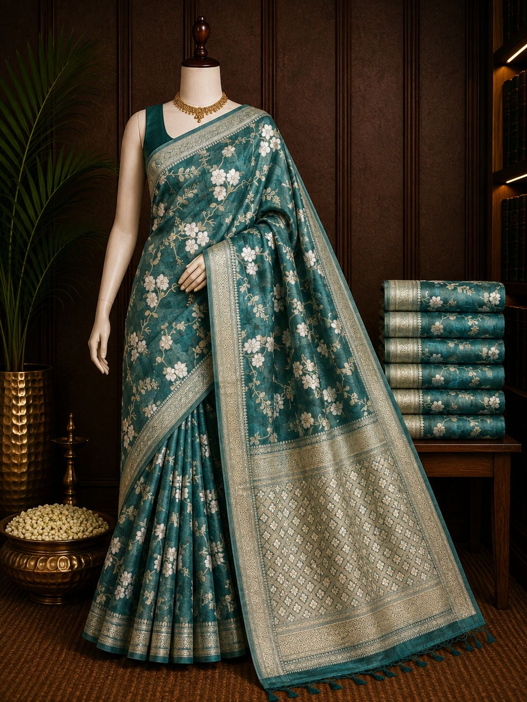 Teal party wear saree with ivory floral vines and woven border