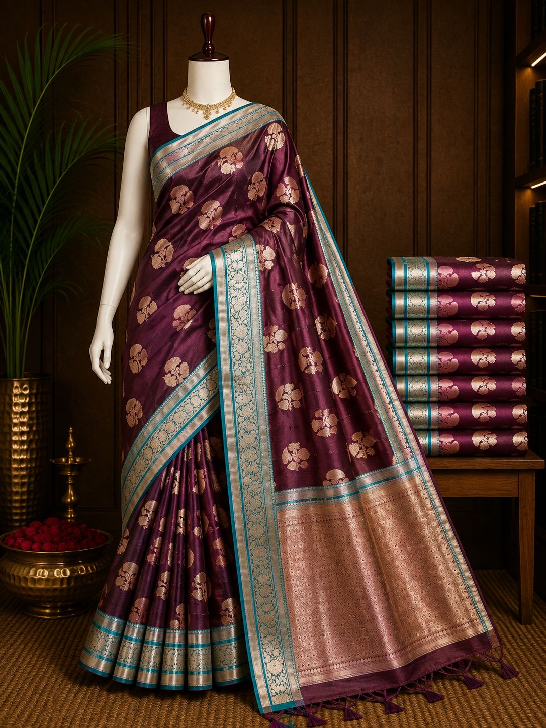 Wine party wear saree with gold floral motifs and teal woven border