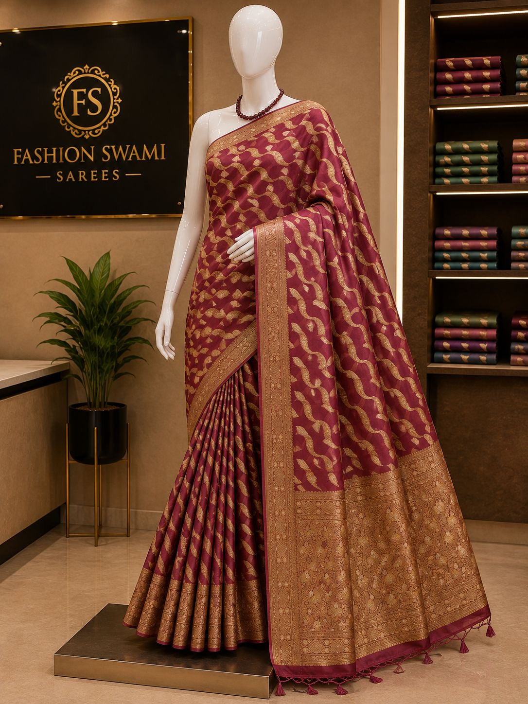 Wine party wear saree with gold wave motifs and ornate woven pallu