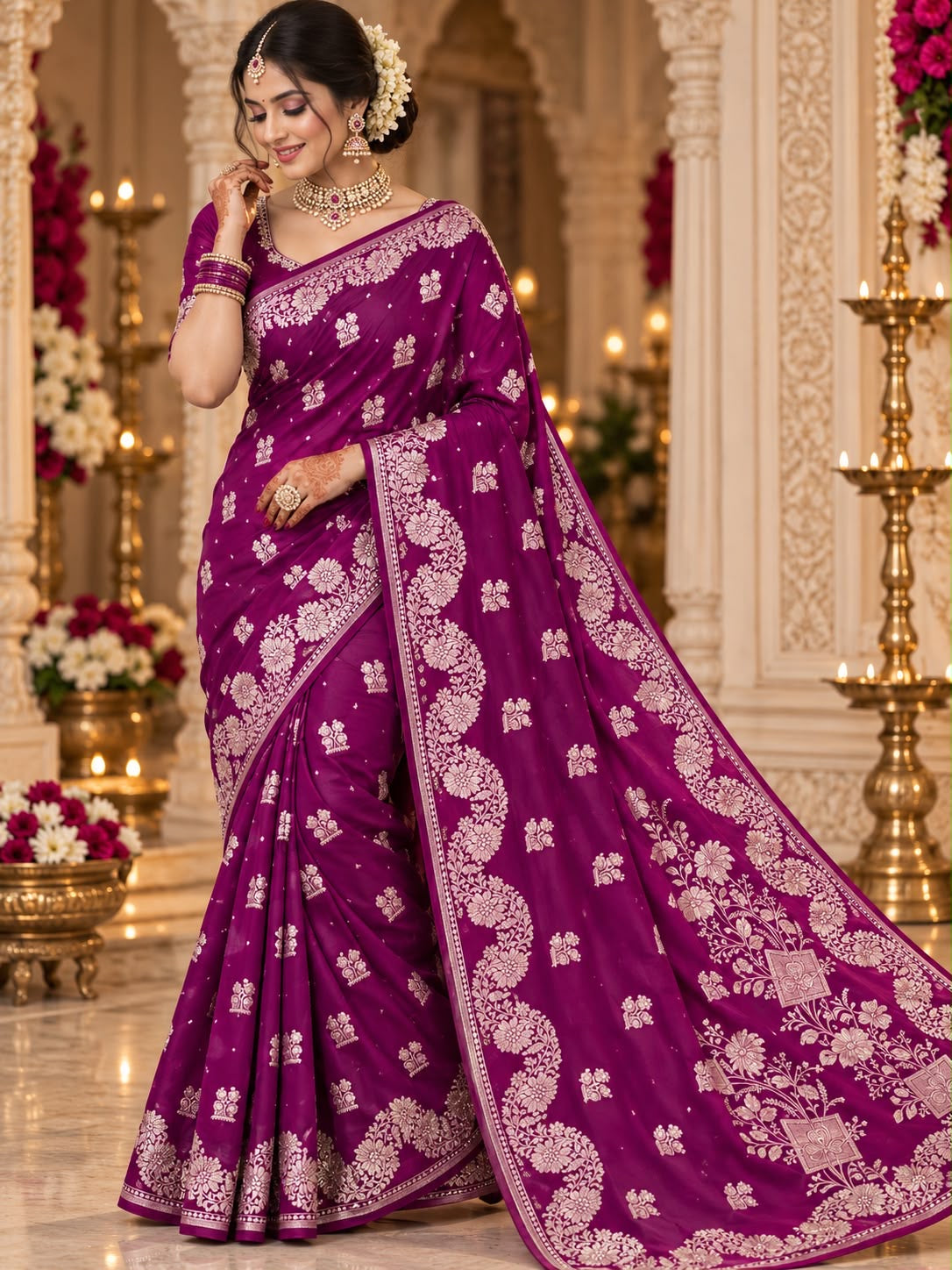 Wine purple floral zari party wear saree by Shree Ghanshyam Sarees